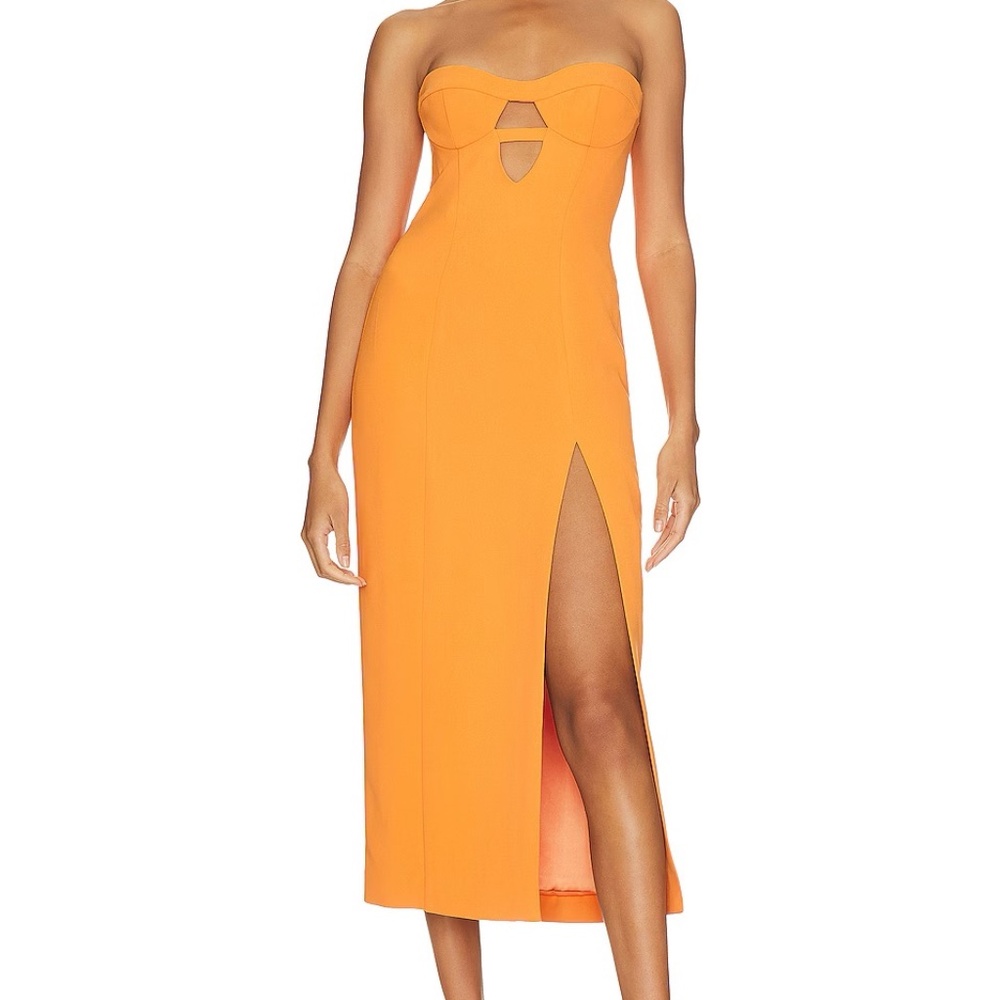 REVOLVE Strapless Orange Midi Dress with Side Slit